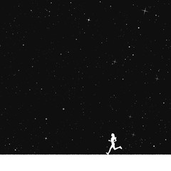 Obraz na płótnie Canvas Girl running in park at night. Vector illustration with silhouette of female runner under starry sky. Inverted black and white