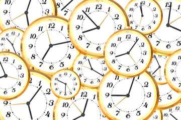 Time and lifetime concept. Background with a many alarm clocks.