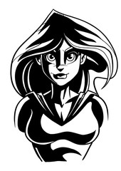 Comics style line art llustration of the portrait of powerful superheroine looking at camera.