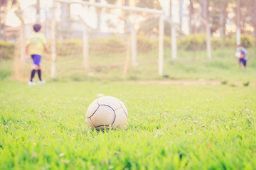 Soccer ball on grass with children playing in background.