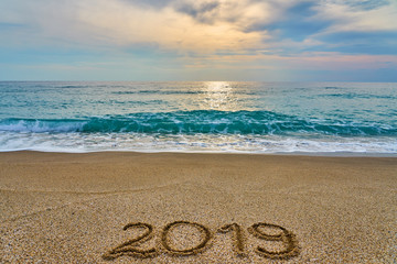                                New Year 2019 is coming concept - inscription 2019 on a tropical  sandy beach with waves and foam on a backgroung.