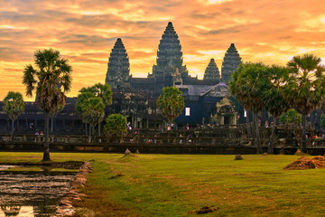 SIEM REAP, CAMBODIA - 13 December 2014:View of Angkor Wat at sunrise, Archaeological Park in Siem...