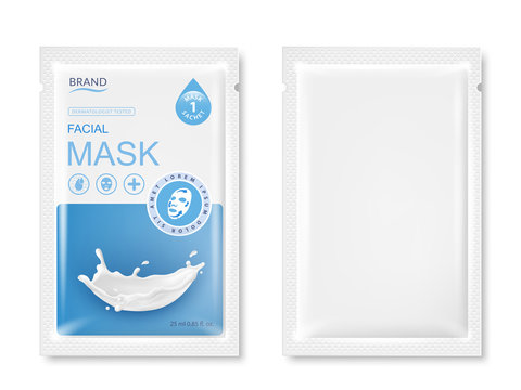 Facial sheet mask sachet package mockup. Vector realistic illustration isolated on white background. Beauty product packaging design templates.