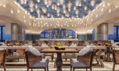 modern interior design of a restaurant, Arabic style with arched beams and candle ceiling light, night scene, yellow flowers, 3d rendering, 3d illustration