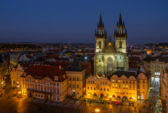 PRAGUE, CZECH REPUBLIC. On October 21, 2018. Aerial view of the gothic Tyn cathedral, Old Town square.  Historical center .Aerial view of the gothic Tyn cathedral. European travel.
