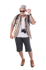 Traveling People Isolated on White. Male Backpacker Tourist, Smiling Happy Gesture