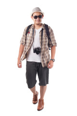 Traveling People Isolated on White. Male Backpacker Tourist, Smiling Happy Gesture