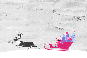 Vector illustration of Santa Claus with a lot of gifts on a sleigh and his reindeer. Christmas card.