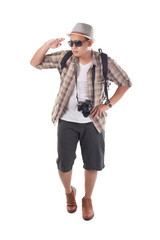 Traveling People Isolated on White. Male Backpacker Tourist Looking at Distance