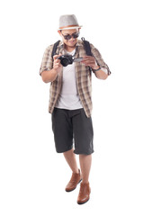 Traveling People Isolated on White. Male Backpacker Photographer Tourist