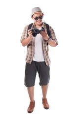 Traveling People Isolated on White. Male Backpacker Photographer Tourist