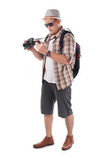 Traveling People Isolated on White. Male Backpacker Photographer Tourist