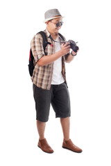 Traveling People Isolated on White. Male Backpacker Photographer Tourist