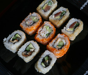 Sushi and rolls close up
