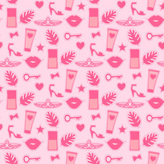 Seamless pattern fashion style. Set sign beauty makeup for cute girls. Abstract cosmetic bottles and princess tiara, shoe hand drawing. Vector illustration is isolated on a pink background.