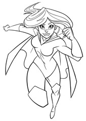 Full length front view of powerful and muscular superheroine running fast during courageous mission isolated on white background for copy space.