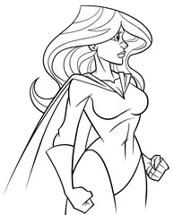 Side view line art illustration of powerful and determined superheroine with cape looking forward ready for action on white background for copy space.