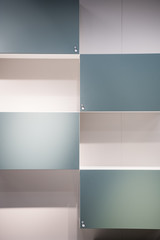 Light blue closet lockers close up background texture modern design. Push sign on it