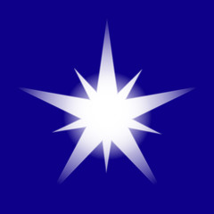 Obraz premium Christmas Shiny Star Vector Illustration Isolated on blue background. Sparkling Star Top View. Christmas neon star for tree decoration or design, card, invitation, print