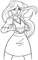 Line art illustration of businesswoman revealing her true identity of powerful superheroine.
