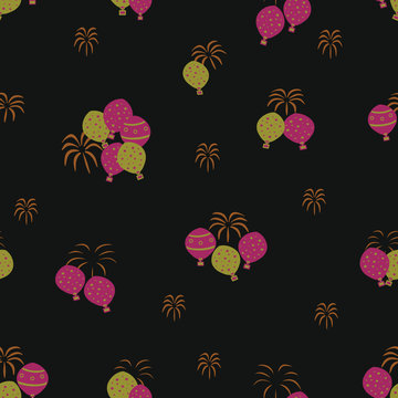 Vector black hot air balloons and fireworks repeat pattern. Great for wallpaper, scrapbooking, gift wrapper and fabric projects 