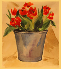 red tulips in a bucket painted in watercolor