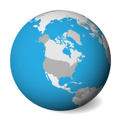 Blank political map of North America. 3D Earth globe with blue water and grey lands. Vector illustration.