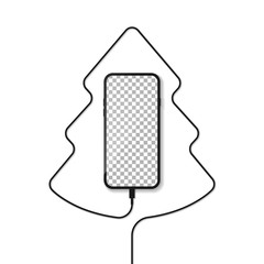 Smartphone. Telephone charger wire in the form of a silhouette of a Christmas tree.