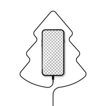 recommend clip art: Smartphone. Telephone charger wire in the form of a silhouette of a Christmas tree.
