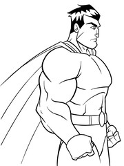 Side view line art illustration of a powerful and determined superhero with cape looking forward ready for action on white background for copy space.
