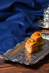 Turkish Coffee Turkish Delight. Dark wooden backgound. Copy space.