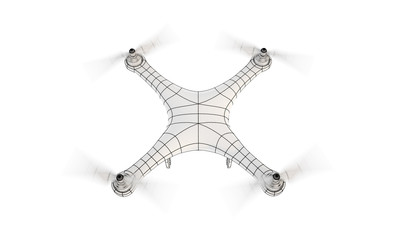 The image of a white quadcopter (air drone). Drone flying with action camera. Wire-frame style. 3D illustration. Isolated on white background.