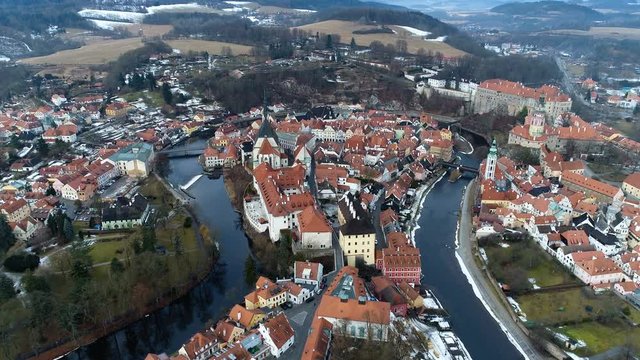 Cesky Krumlov skyline aerial view olf old town and river