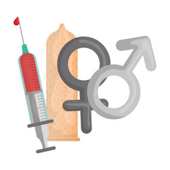 genders male and female symbols with srynge and condoms
