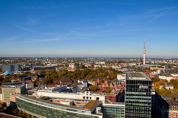 City streets of Germany. Panoramic view of the city of Hamburg from a height. Photo of Hamburg from a height. Cityscape houses and streets.