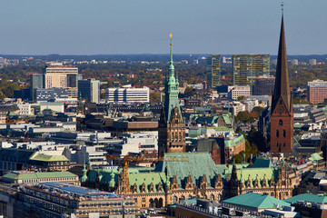 City streets of Germany. Panoramic view of the city of Hamburg from a height. Photo of Hamburg from a height. Cityscape houses and streets.