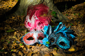 Maquarade masks by a tree