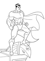 Line art of superhero watching over the city from the roof of a tall building. The hero and the building are isolated on white background which can be used as copy space. 