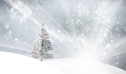 Snowfall landscape with sun beams and with snowy Christmas tree colorful bulbs decoration illustration background.