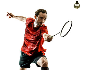 one caucasian Badminton player man in studio shadow silhouette isolated on white background