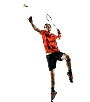 one caucasian Badminton player man in studio shadow silhouette isolated on white background