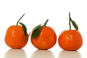tangerines with green leaves isolated on white background