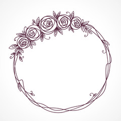 Floral frame with bouquet. Wreath of rose flowers.