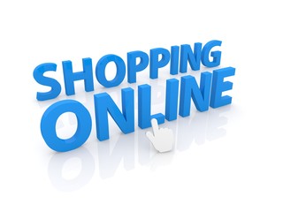 Computer cursor clicks on the inscription online shopping. 3d render illustration.