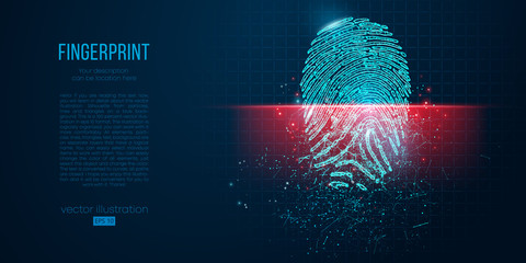 Concept of digital security, electronic fingerprint on scanning screen. Low poly wire outline geometric vector illustration. Particles, lines and triangles on blue background. Neon light.