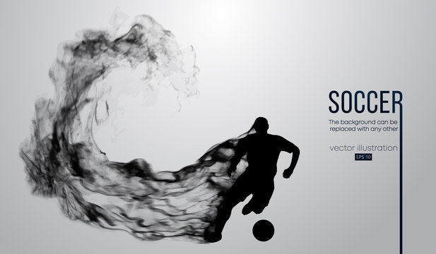 Abstract silhouette of a football player from particles, dust, smoke, steam. Soccer player running with ball. World and european league. Background can be changed to any other. Vector illustration