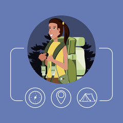 woman tourist with bag camping and set icons