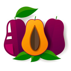 Fresh juicy plum. Colorful half and whole plum with a leaf. Perfect for juice or jam.