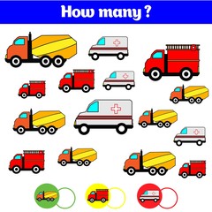 Counting educational children game, kids activity sheet. How many objects task. Learning mathematics, numbers.