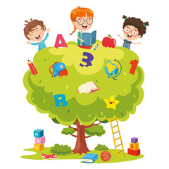 Vector Illustration Of Kids Studying On Tree